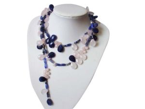 Gemshine - Damen - Halskette  - Lariat - Lapis Lazuli - Rosenquarz - Facettiert - Tropfen -  Blau - Rosa - 130 cm