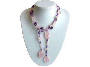 Gemshine - Damen - Halskette - Lariat - Rosenquarz - Amethyst - Perlen - Rosa - Lila - Violett - Wei - 130 cm